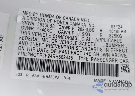 2024 Honda Civic Lx из США, поврежденный, VIN 2HGFE2F24RH562445